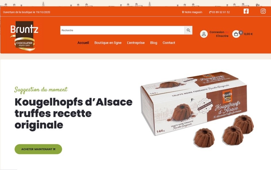 19/10/2020 : Mise en ligne du nouveau site de ventes en ligne pour notre très connu et sympathique fabricant chocolatier Chocolaterie Bruntz situé au 3 rue de l'Industrie à 68260 KINGERSHEIM (Alsace)