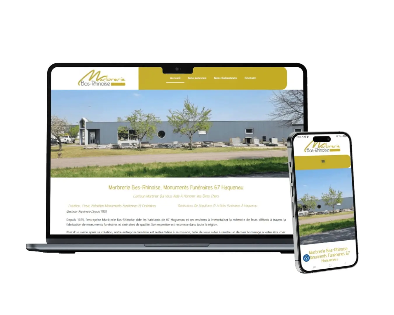 Marbrerie Bas-Rhinoise, monuments funéraires 67 Haguenau l’artisan marbrier qui vous aide à honorer vos êtres chers Création, pose, entretien monuments funéraires et cinéraires Réalisations de sépultures et articles funéraires à Haguenau Marbrier funéraire depuis 1925 Depuis 1925, l’entreprise Marbrerie Bas-Rhinoise aide les habitants de 67 Haguenau et ses environs à immortaliser la mémoire de leurs défunts à travers la fabrication de monuments funéraires et cinéraires de qualité.