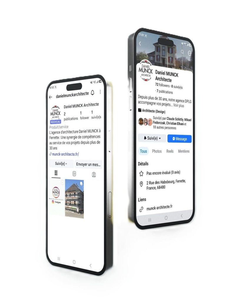 Dernier exemple de création nouveaux comptes réseaux sociaux Facebook et Instagram Pro client Daniel Munck Architecte à Ferrette 68