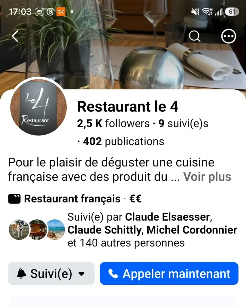 Cogestion compte Facebook Pro Restaurant Le 4 Mulhouse