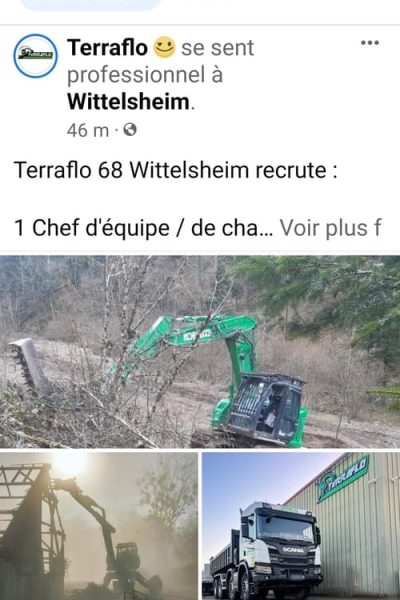 Offre d'emploi client Terraflo Terrassement technique, Pelle araignée à 68 Wittelsheim entre Thann, Cernay et Mulhouse